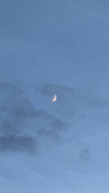 A thin crescent moon in a soft blue sky