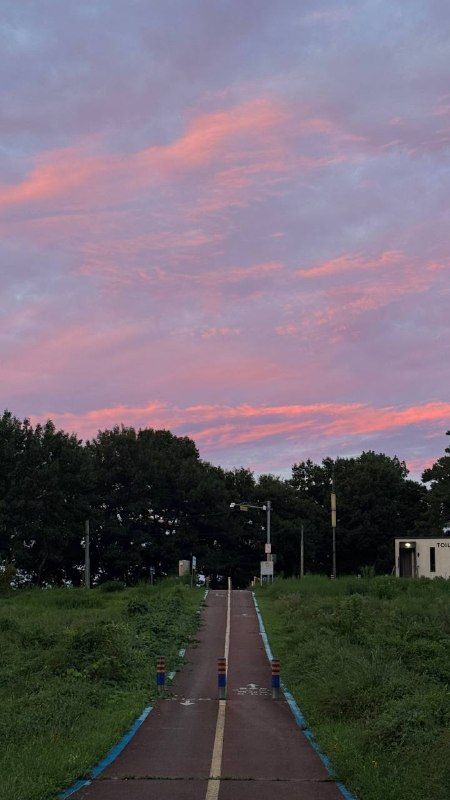 A long straight road to the horizon beneath pink dusk clouds