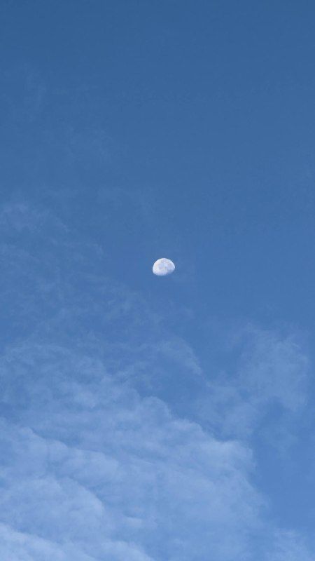 A pale half-moon in a clear blue daytime sky above soft clouds