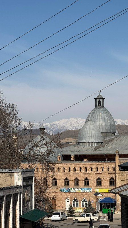 A brick mosque with silver domes under power lines and blue sky